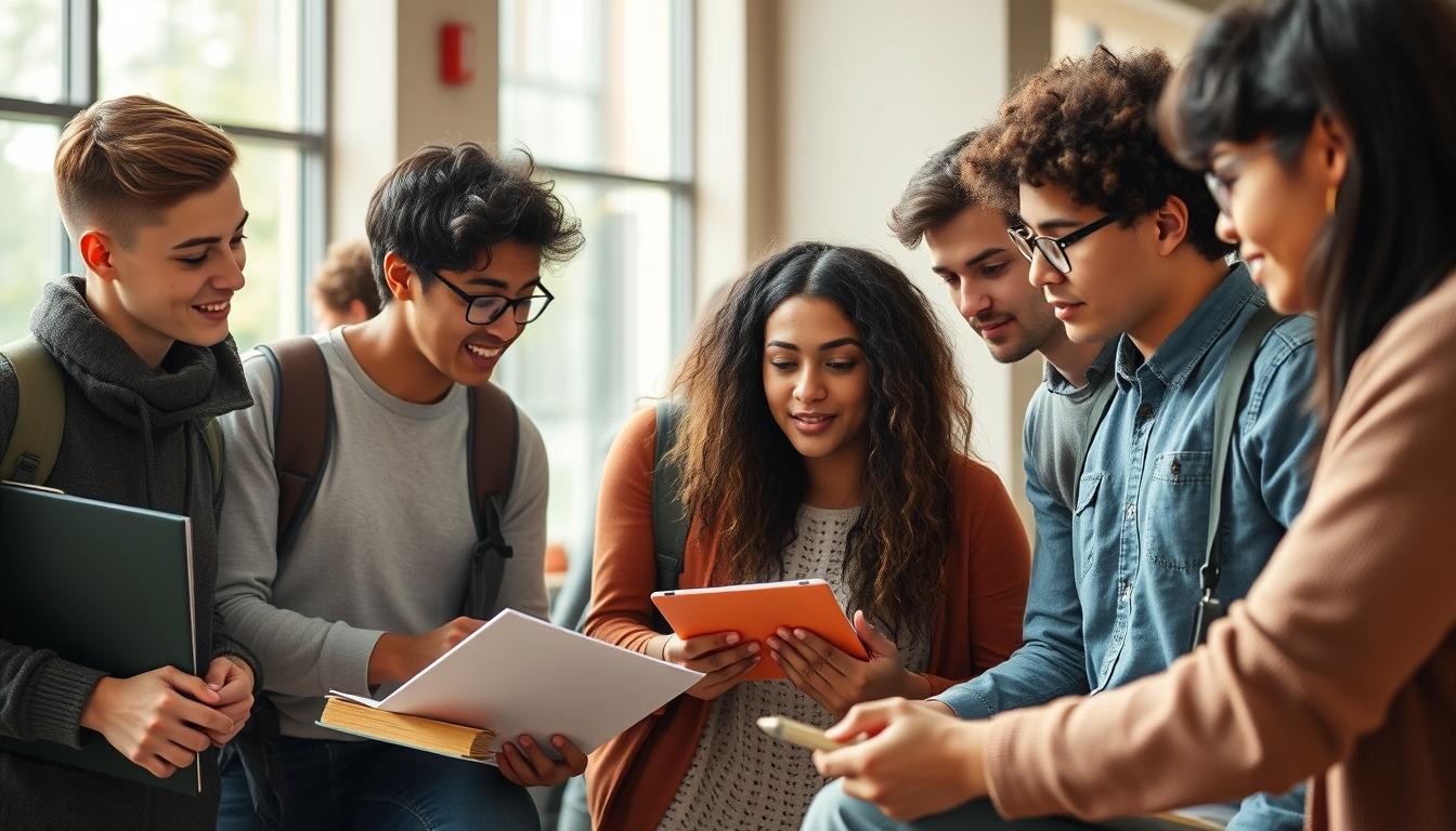Students studying together in modern classroom